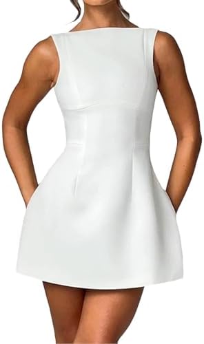 BNGD Women's Backless Vest Basic Dress Sexy Slim Short Dress(Color:White,Size:M)