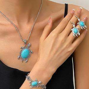 925 Sterling Silver Unique Bohemian Turtle Turquoise Earrings, Bracelet Necklace, Three Piece Set of Vintage Fashion Womens Ocean Enthusiast Jewelry Set