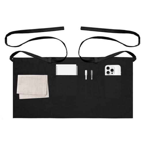 LOHYILYE Server Aprons with 3 Pockets Waitress Waiter Waist Apron Half Short Serving Apron for Women Men Black 1 Pack 12 inch