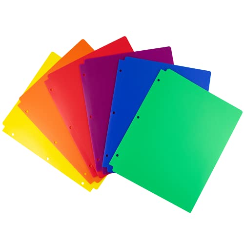 Dunwell Plastic 2-Pocket Folders for 3-Ring Binders, (6 Pack, Assorted Colors) 3 Hole Punched, Divider Folder for Notebook, Durable Poly, Fits 8.5x11 Sheets, Includes Labels