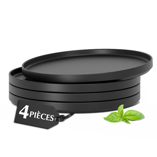 MIAMIO – Ensemble d'assiettes plates en céramique pour 4 personnes/Vaisselle en céramique 4 pièces, assiettes modernes en grès – Collection Luxe (Noir, Petite assiette (4x))