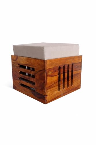 Image of Solid Sheesham Wood Center Coffee Table Set - Includes 4 Stools and Glass top Table Wooden Niwar Design ; Furniture for Living Room, Hall and Office. (Natural)