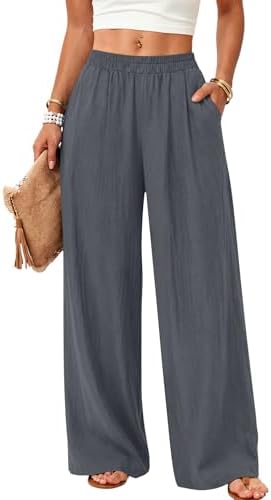 Rapbin Leinenhose Damen Sommerhose Leicht Stoffhose mit Taschen | leichter Leinenstoff, weites Bein, elastischer Bund, Seitentaschen, luftige Sommerhose fuer Alltag Strand Urlaub