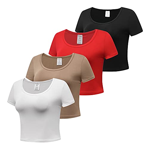 Formeet17 Women’s 4 Pieces Basic Crop Tops Scoop Neck Cap Sleeve Shirts2