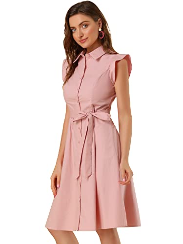 Image of Allegra K Women's Ruffled Sleeve Casual Office Dress Tie Waist Button Down Cotton Shirt Dresses