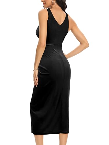 Missufe Women's V Neck Sleeveless Ruched Wrap Slit Fitted Velvet Cocktail Party Midi Dress2