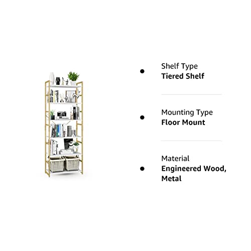 Numenn 6 Tier Bookshelf, Tall Bookcase Shelf Storage Organizer, Modern Book Shelf For Bedroom, Living Room And Home Office, White And Gold #TOP6