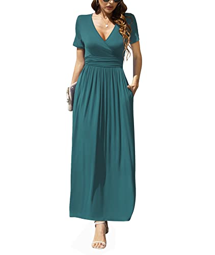 LILBETTER Summer Flowy Deep V Neck Maxi Dress Long Elegant Womens Dresses(Acid Blue,Small)