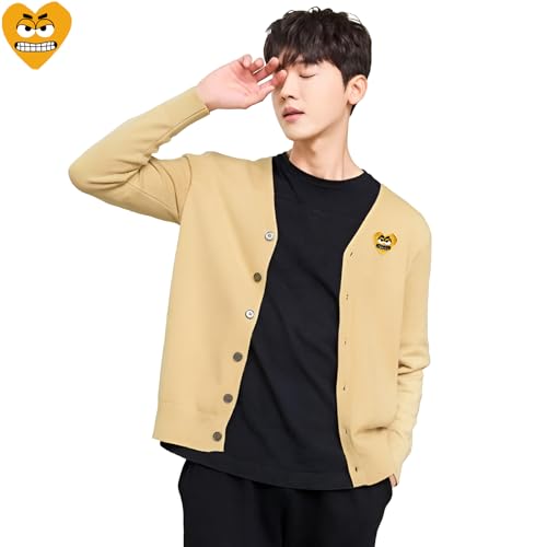 Men Cardigan V-Neck Cool Cute Snag Heart Embroidery Cotton with Button Solid Casual Fit Open Front Sweater2