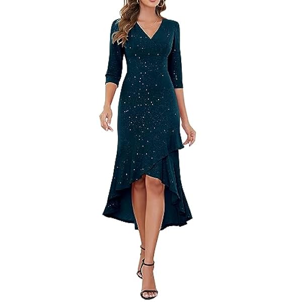 BeryLove Vestido de noche elegante con mangas 3/4, vestido de cola de pescado con purpurina, cuello en V, vestido festivo para invierno, Navidad, Nochevieja