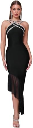 Bandage Dresses Heavy Chain Sexy Dresses Strapless Halter Rhinestone Evening Gowns