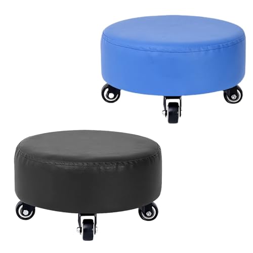 Paquete de 2 taburetes rodantes con ruedas, cómodos taburetes cortos para sentarse, dormitorio en casa, taburete redondo pequeño con cojín extragrueso