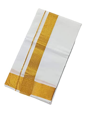 Kolakeer™ Men's Cotton Kasavu Dhoti and Angavastram Set - 2.0Mtrs 100K Veshti Mundu and 100K 1.8Mtrs Angavastram (WBB-White)4