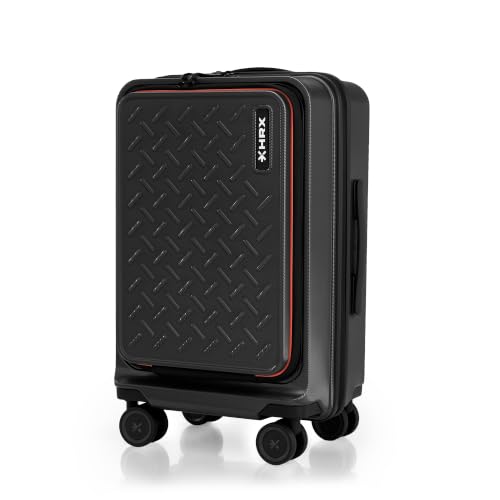 HRX Transit Cabin Size Black Polycarbonate Hard Shell Suitcase with Front Laptop Compartment - Premium Travel Trolley Bag with 8 Spinner Wheels, Number Lock & Water Resistant Body