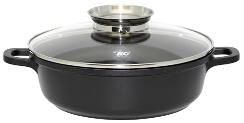 ELO Servierpfanne rund 32 cm Aluguss mit Glasdeckel – Hochwertige Antihaft Pfanne PFAS frei – Beschichtete Servierpfanne Induktion mit Glasdeckel & Aromaknopf, schwarz