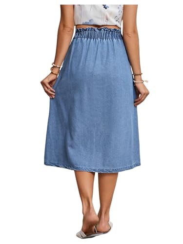 SweatyRocks Women's Denim Skirts Elastic Waist Midi Skirts Button A-Line Skirt with Pockets Fall Outfits2