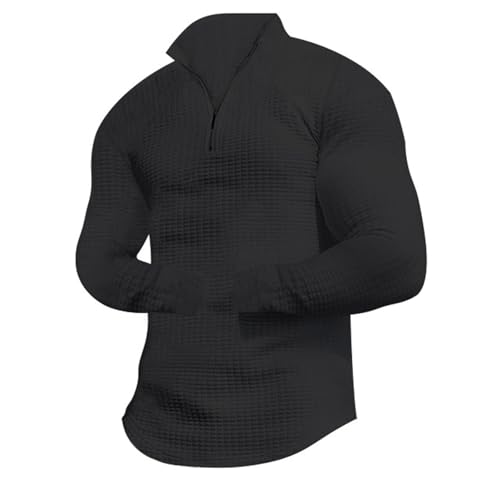 Sudadera para hombre con cremallera 1/4, corte ajustado, cuello alto, cálido, manga larga, algodón, transpirable, camiseta deportiva elástica, cómoda, informal, sólida, Negro , XXXL