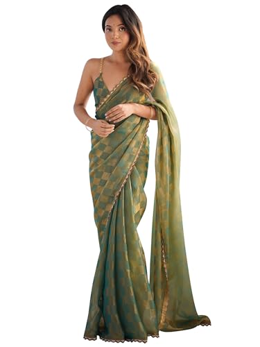 Image of AKHILAM Women's Chiffon Checkered Printed Saree With Unstitched Blouse Piece (AARYAN14602 KR Parent)