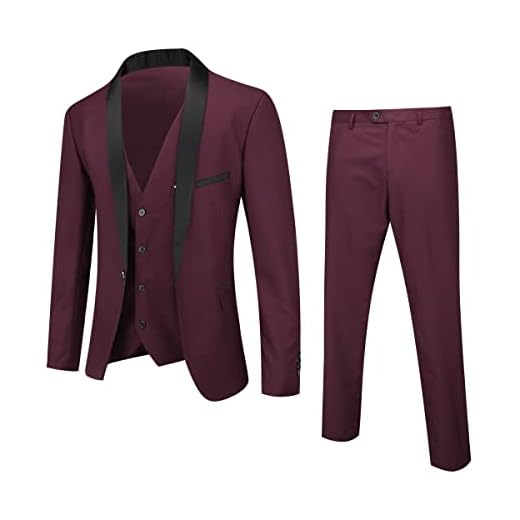 Boyland Men’s 3 Pieces Suit Shawl Lapel Tuxedo Suits One Button Tux Jacket Vest Trousers Dinner Wedding Claret