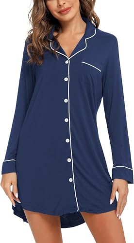 Image of Samring Nightgown for Women Long Sleeve Button Down Night Gown Boyfriend Nightdress Sleep Shirts