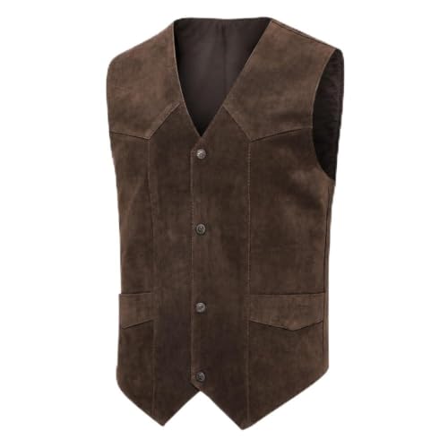 Image of Western Style Cow Suede Leather Vest for Men with Native American-Inspired Design, Fringes, Beads & Braid
