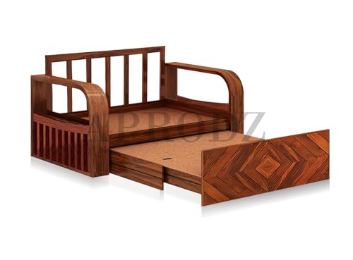 Image of APRODZ Solid Wood Sofa Cum Bed 2 Seater with Side Storage Velevt Fabric with Two Cushions Perfect Sofa Furniture for Home Living Office Room and Guests (Honey Finish 75x51x30-Inch)