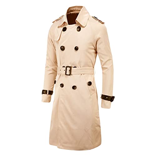 Maiyifu-GJ Men's Double Breasted Trench Coat Stylish Slim Fit Mid Long Belted Windbreaker Lapel Military Jacket with Belt (Khaki,4X-Large)