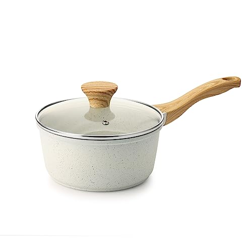 SENSARTE White Ceramic Nonstick Saucepan with Lid 1.5QT Small Cooking Pot with Stay Cool Handle Induction Compatible Soup Pot PFOA/PFAS Free(16 cm)