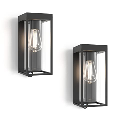 Lutec 2 Pack Solar Motion Sensor Light Outdoor, Dusk To Dawn Modern Wall Sconce, Aluminum Anti-Rust Solar Wall Lights With Clear Glass Shade, Waterproof For Porch, Patio And Garden-Black #TOP4