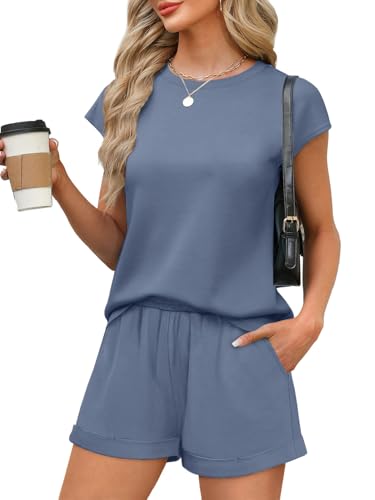Image of WIHOLL 2 Piece Sets for Women Casual Summer Travel Vacation Outfits Cap Sleeve Shorts Lounge Set