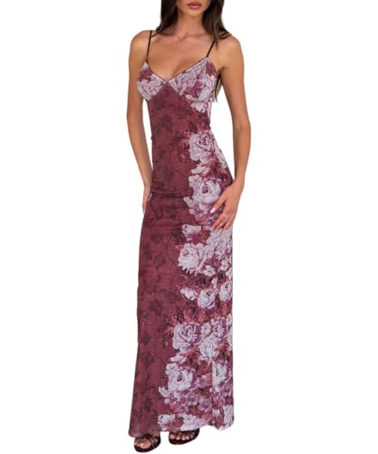 Image of ABINGOO Women Vintage Spaghetti Strap Maxi Dress Sexy Low Cut Backless Floral Satin Slip Long Dress Y2k Cami Bodycon Dresses