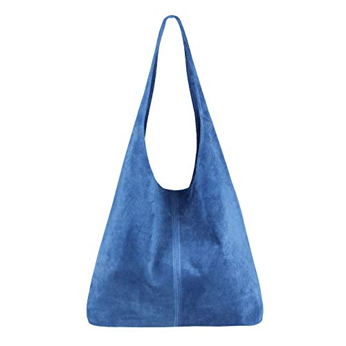 OBC Made IN Italy Damen Leder Tasche Handtasche Wildleder Shopper Schultertasche Hobo-Bag Henkeltasche Beuteltasche Velourleder (Jeansblau (Wildleder))