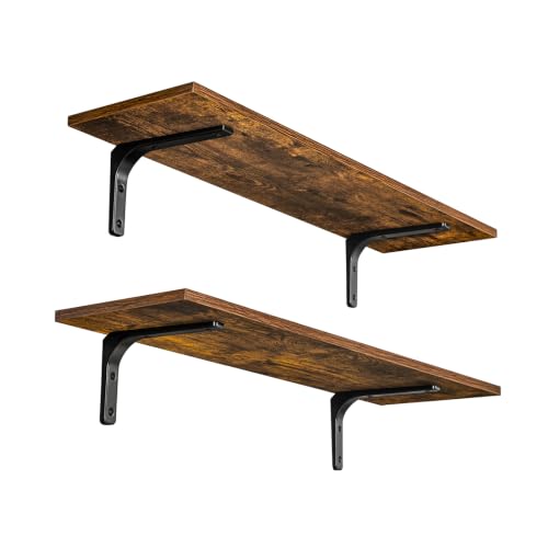 DINZI LVJ Long Wall Shelves, 31.5 Inch Wall Mounted Shelves Set of 2, Easy-to-Install, Wall Storage Ledges with Sturdy Metal Brackets for Living Room, Bathroom, Bedroom, Kitchen, Rustic Brown