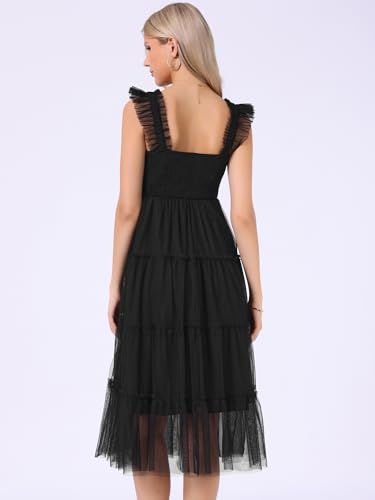 Image of Allegra K Women's Summer Midi Tulle Dress Sleeveless Smocked Square Neck Tiered Ruffled Wedding Guest Dress