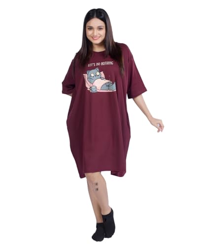 Image of LAMA STORE Women's Printed Oversized T-Shirt Dress, Cotton, 3 /4 Sleeve Length, Casual Loose Fit, Comfort Wear Extra Comfy Oversized Printed Pocket T-Shirt Dress