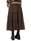 Women's Fairy Grunge Midi Skirt High Waist Vintage A-Line Long Skirt Lace Up Solid Color Y3K Streetw