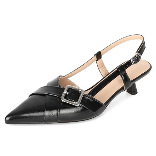 Image of Esvowido Women Slingback Kitten Heels Pointed Toe Low Heel Pumps Adjustable Buckle Straps for Work Party Casual Outfit