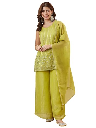 Image of MOKOSH Women's Silk Embroidery Kurta Sharara with Dupatta | Kurta Set | Embroidered |Ethnic Wear |Indian Kurta Outfit with Sharara | 3 Piece Outfit