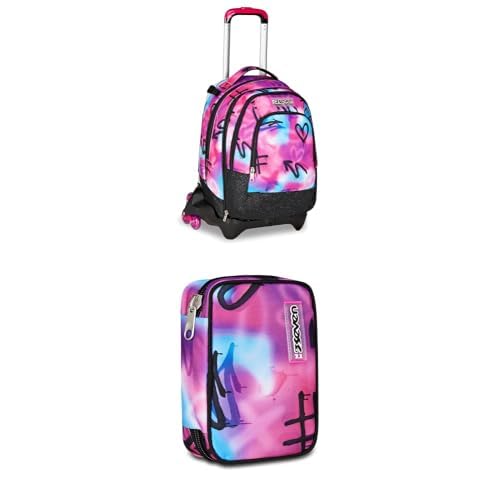 Seven Bundle Zaino Trolley Scuola 3 ruote, azzurro/fucsia + Astuccio Scuola Elementare, 1 Zip, con Matite, Pennarelli, Penne, Speed Pad, Bambina, Ragazza, viola blu