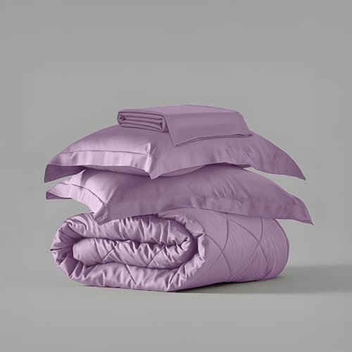 Image of Stoa Paris Satin Comforter Set Double Bed with Satin Bedsheet & Pillow Covers, 300TC Complete Bedding Set, Ideal Gifts for Women, Couples, Bedroom Home Furnishing, Date Night - Lilac Affair