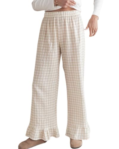 Womens Gingham Pants Wide Leg Lounge Pants Y2k Plaid Print Ruffle Hem Loose Trouser