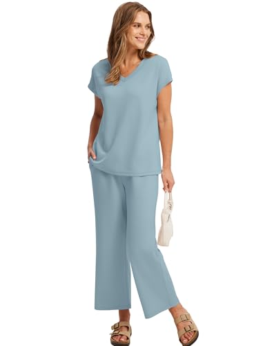 Image of Saloogoe Two Piece Sets for Women Summer Outfits Lounge Sets V Neck Tops Wide Leg Pants Woman Vacation Travel Outfits