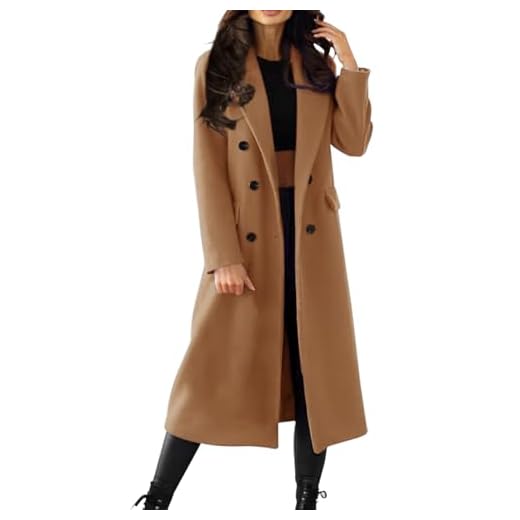 Manteau élégant en laine pour femme - Trench à double boutonnage - Long revers - Couleur unie - Col rabattu - Manteau léger et coupe-vent, kaki, M