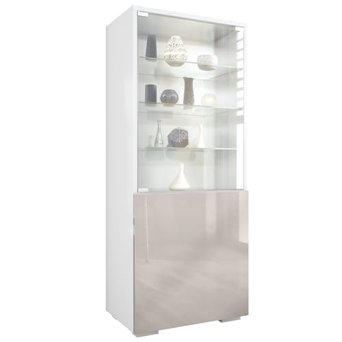 Vitrine Granada, Made in Germany, Vitrinenschrank mit Glastür und Glaseinsatz, Weiß matt/Sandgrau Hochglanz (50 x 122,5 x 34,5 cm)