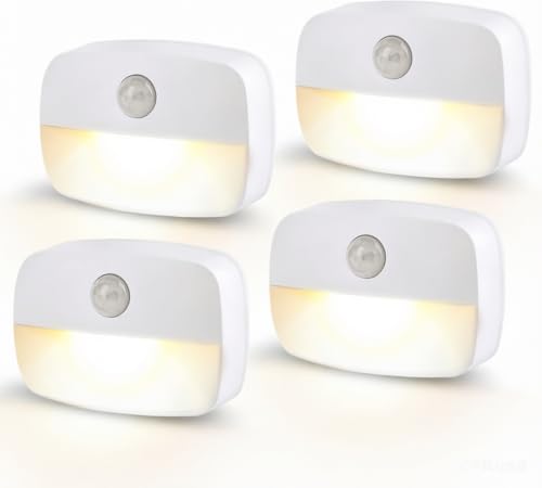 Warm White Motion Sensor Night Light (4 Pack), Battery Operated Stick-On LED Lights with Auto On/Off, Wireless Indoor Sensor Lamps for Stairs, Hallway, Bathroom, Closet, Kitchen, Children's Room
