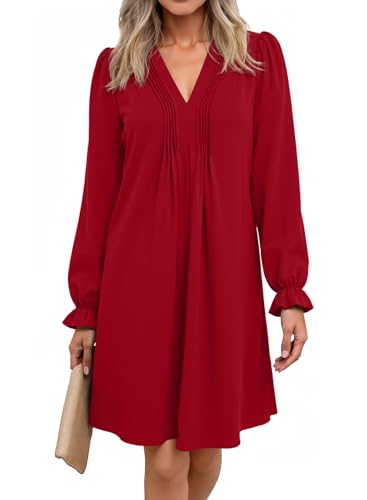 Dokotoo Cocktail Dresses for Women 2025 V-Neck Sexy Dresses Long Lantern Sleeve Ruffle A-Line Red Dress for Women Pleated High Waist Short Midi Dress Medium