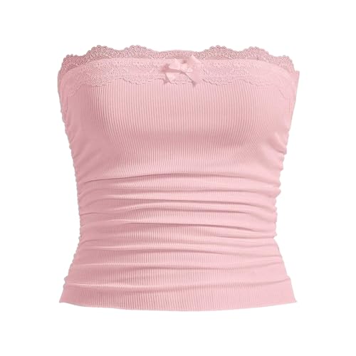 FeMereina Women Lace Trim Tube Tops Strapless Bowknot Front Cropped Bandeau Backless Shirts Ribbed Knit Ruched Bandeau Tank Tops Y2K Streetwear (Pink, S)