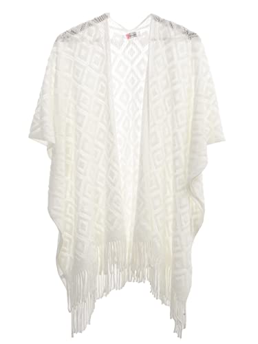 Châle Femme Leger Ponchos et Capes Fringes Hiver Chaud Chic et Elegant Pashmina Tricoté Ouvert Sur le Devant(Taille unique,Blanc)