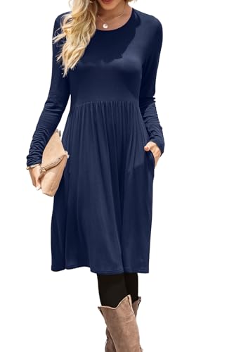 Image of DB MOON Women Casual Long Sleeve Dresses Empire Waist Knee Length Loose Dress with Pockets