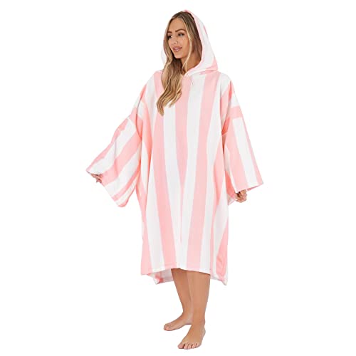 Dreamscene Women Changing Robe, Soft Absorbent Beach Towel Poncho for Bath Swim Surf Large Microfibre Hooded Towel for Adults Quick Dry Lightweight Swim Towels - Blush Pink Stripe